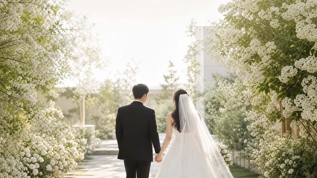 꽃길을 함께 걸어가는 두 사람